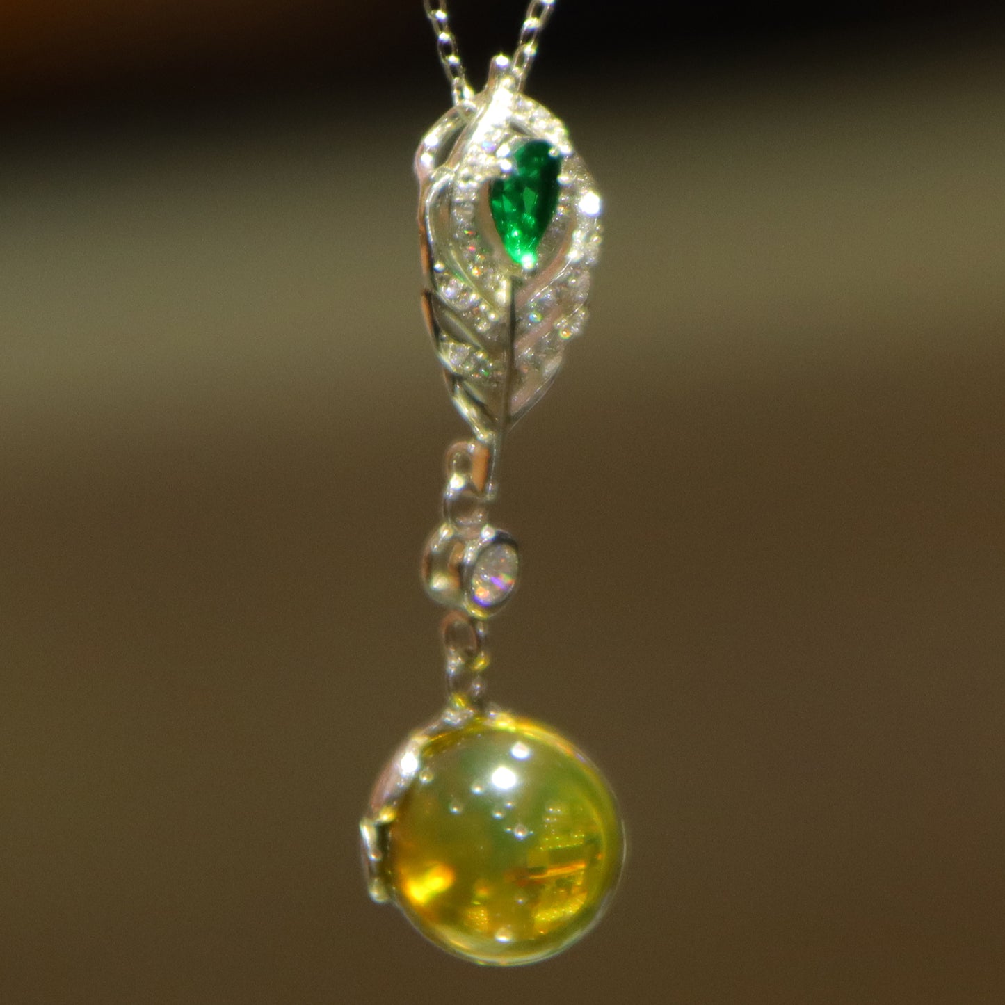 925 Sterling Silver Pendant with Natural Mexico Blue Amber Gemstone and Zircon Green Gemstone Feather Clasp