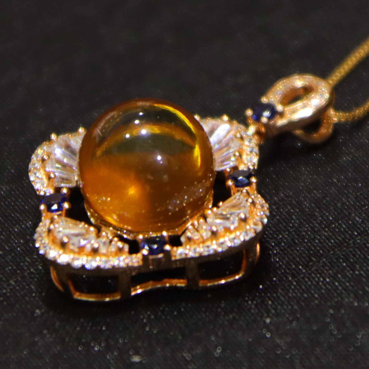 925 Sterling Silver Natural Mexico Blue Amber Pendant with Zirconia Square Halo, Minimalist Elegant Jewelry