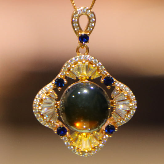 925 Sterling Silver Natural Mexico Blue Amber Pendant with Zirconia Square Halo, Minimalist Elegant Jewelry