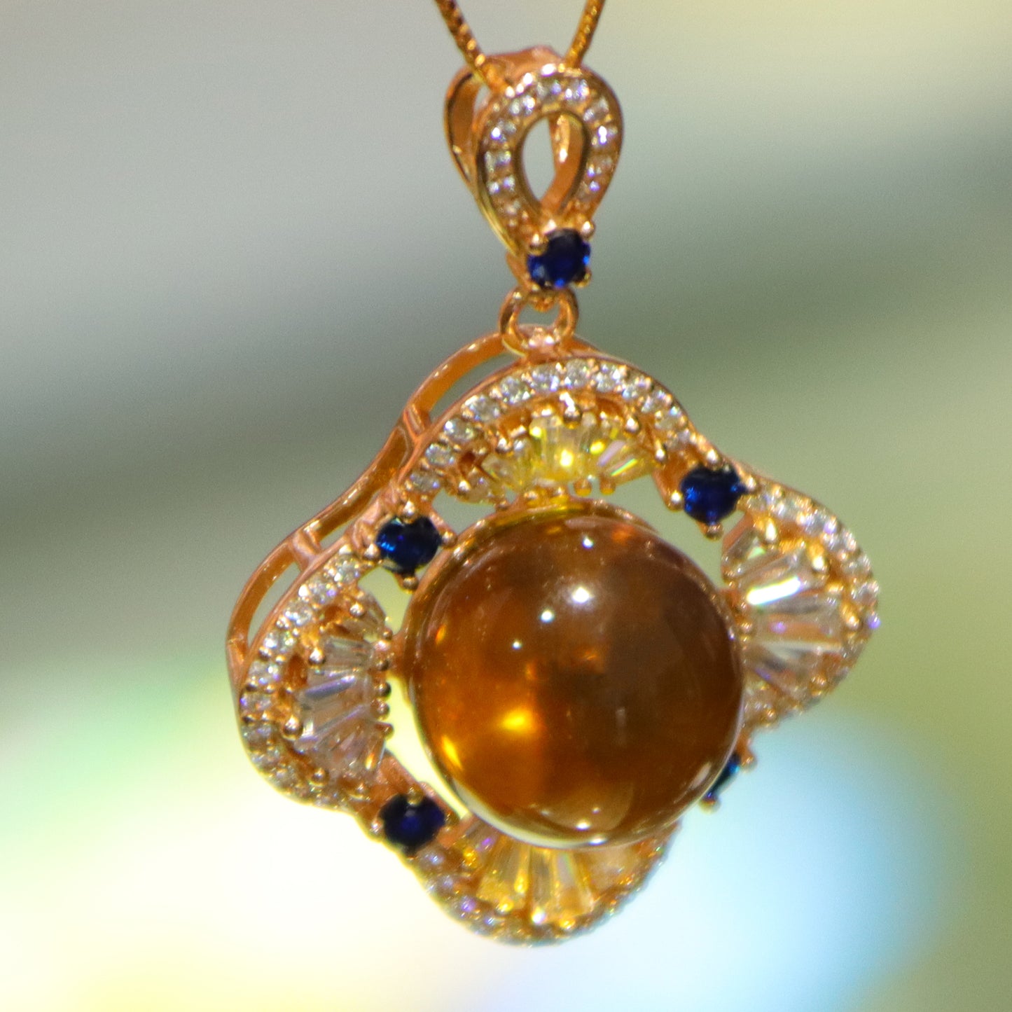 925 Sterling Silver Natural Mexico Blue Amber Pendant with Zirconia Square Halo, Minimalist Elegant Jewelry