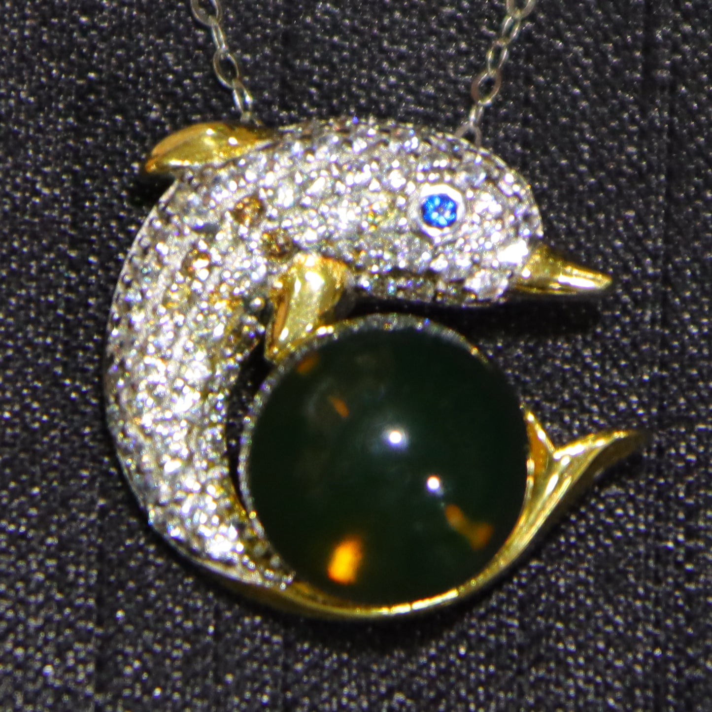 925 Sterling Silver Natural Mexico Blue Amber Dolphin Pendant Necklace