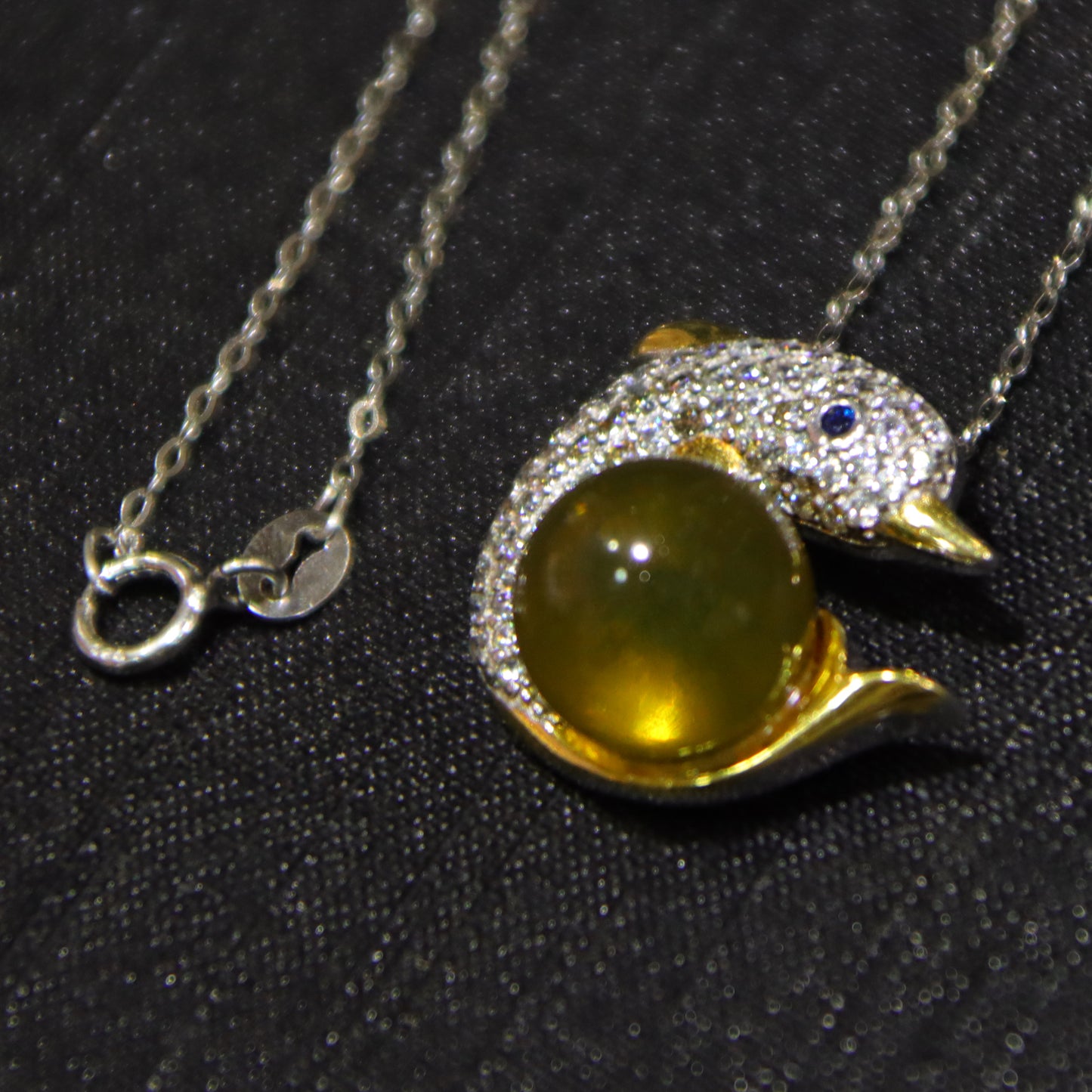 925 Sterling Silver Natural Mexico Blue Amber Dolphin Pendant Necklace