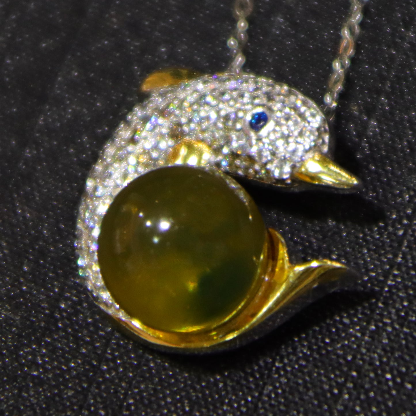 925 Sterling Silver Natural Mexico Blue Amber Dolphin Pendant Necklace