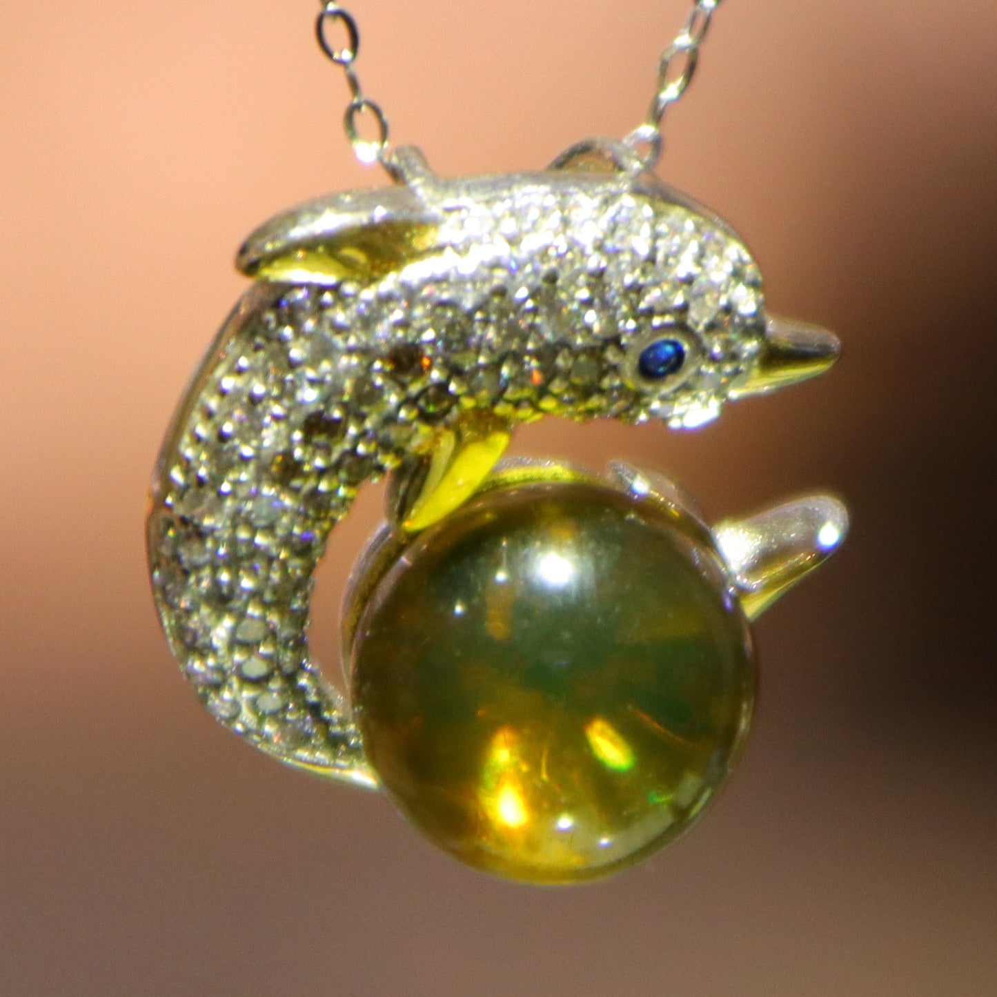 925 Sterling Silver Natural Mexico Blue Amber Dolphin Pendant Necklace