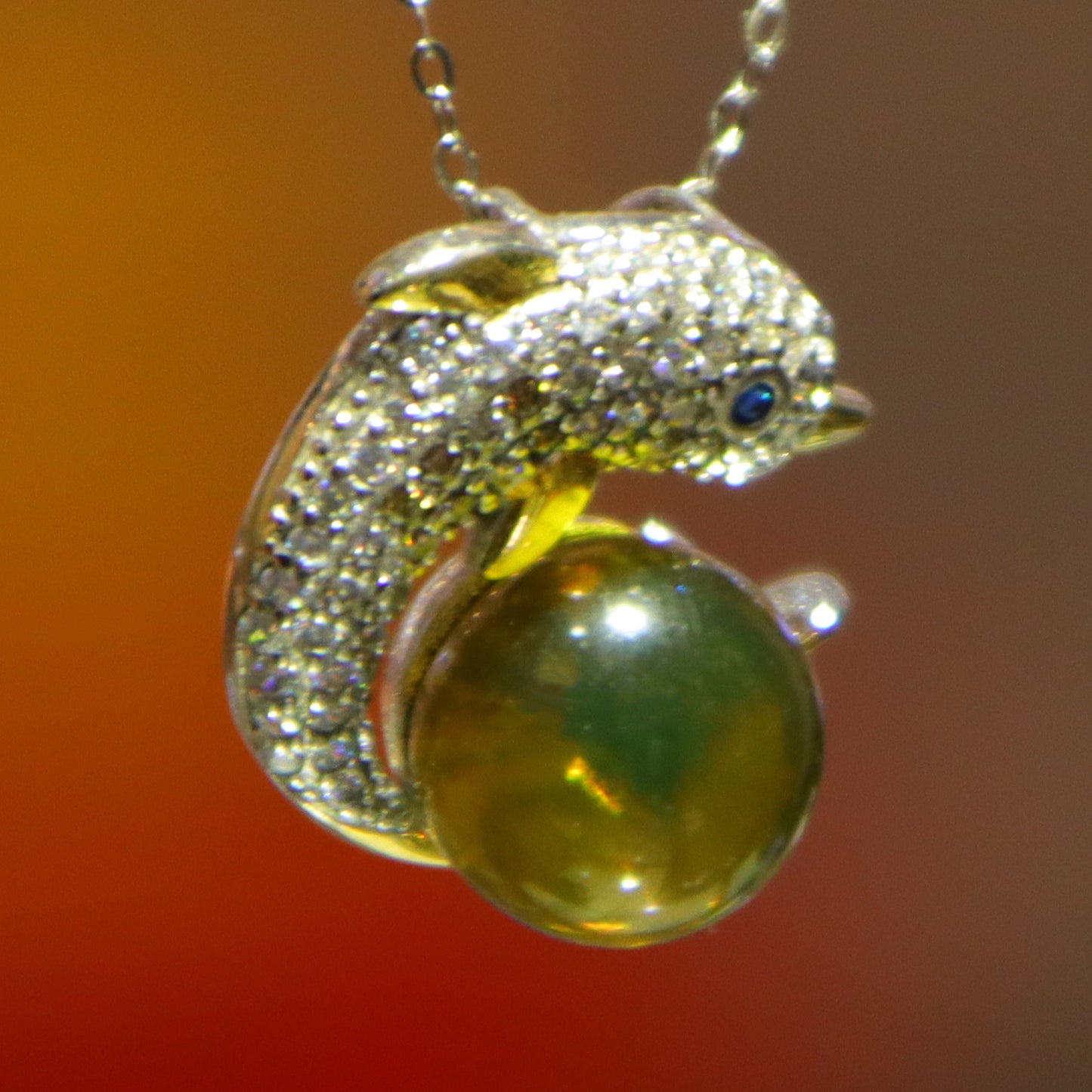 925 Sterling Silver Natural Mexico Blue Amber Dolphin Pendant Necklace