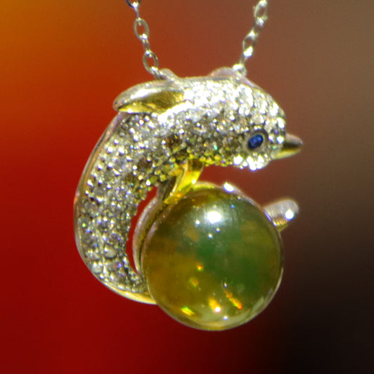925 Sterling Silver Natural Mexico Blue Amber Dolphin Pendant Necklace