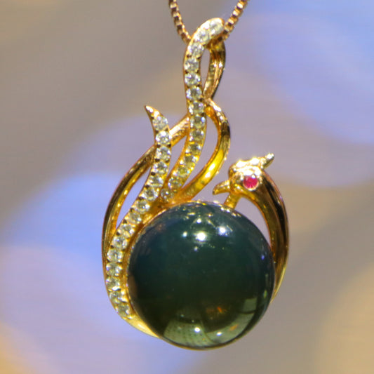 925 Sterling Silver Natural Mexico Blue Amber Phoenix Pendant with 12mm Round Bead