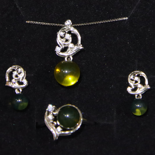 925 Sterling Silver Natural Mexican Blue Amber Heart Shape Necklace Set of Three