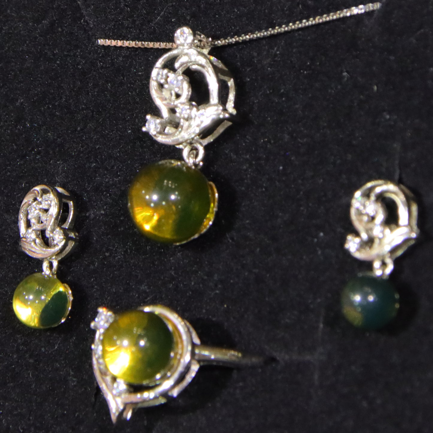 925 Sterling Silver Natural Mexican Blue Amber Heart Shape Necklace Set of Three