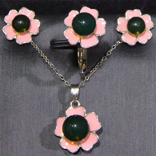 925 Sterling Silver Mexican Blue Amber Pink Floral Jewelry Set – Necklace, Earrings, Ring Trio