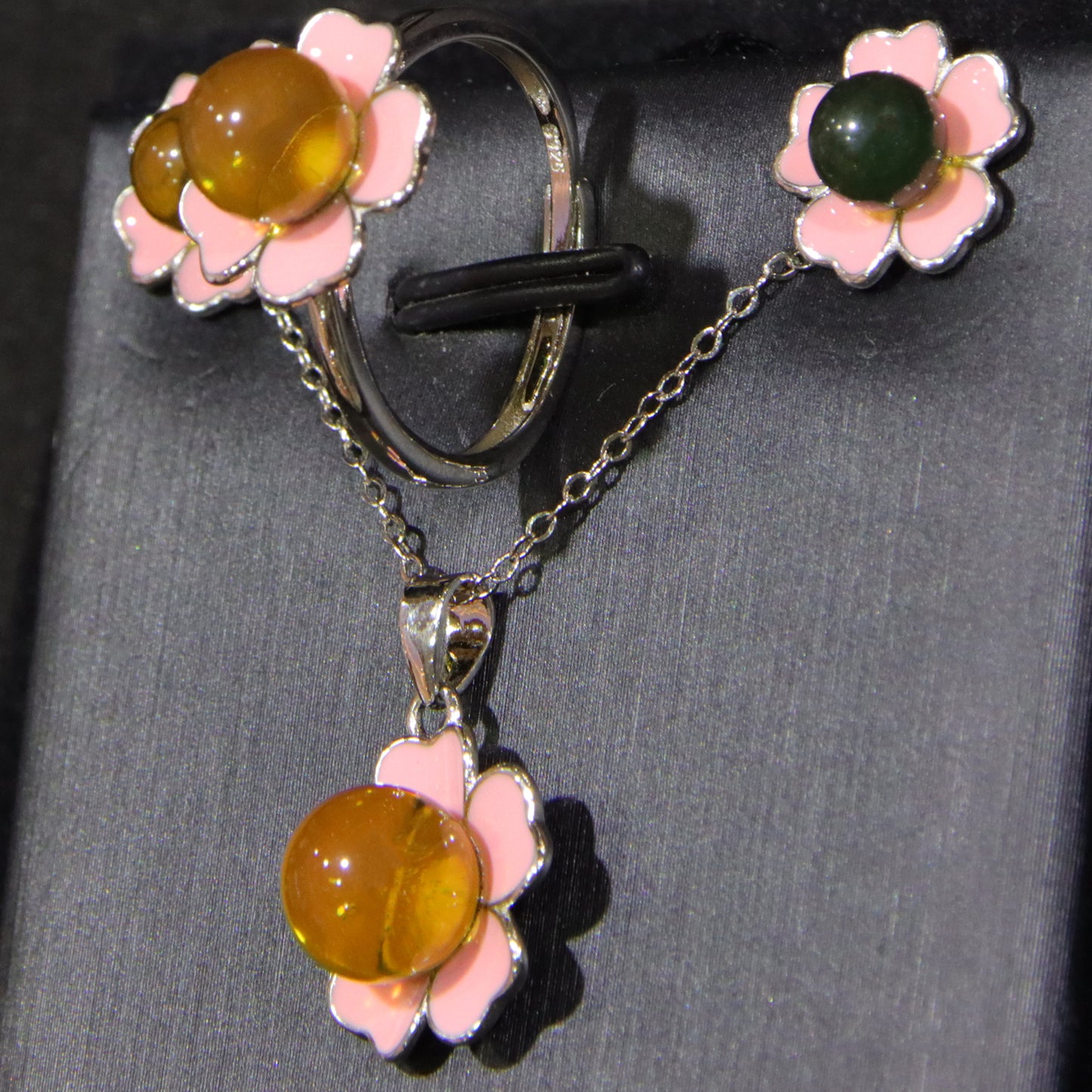 925 Sterling Silver Mexican Blue Amber Pink Floral Jewelry Set – Necklace, Earrings, Ring Trio