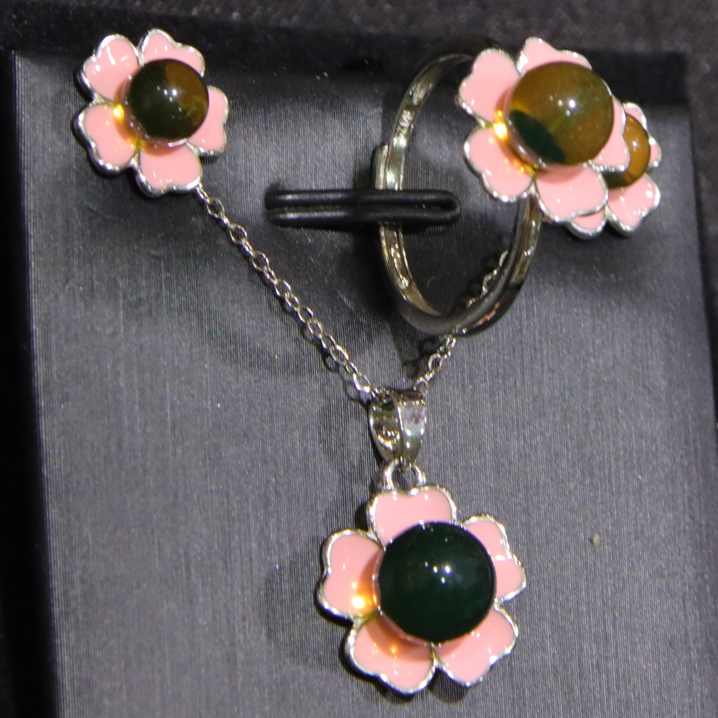 925 Sterling Silver Mexican Blue Amber Pink Floral Jewelry Set – Necklace, Earrings, Ring Trio
