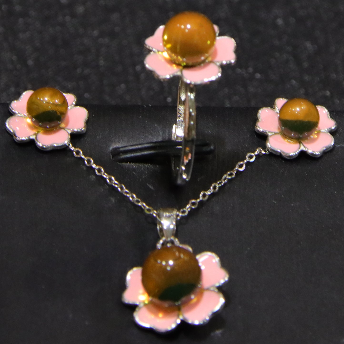 925 Sterling Silver Mexican Blue Amber Pink Floral Jewelry Set – Necklace, Earrings, Ring Trio
