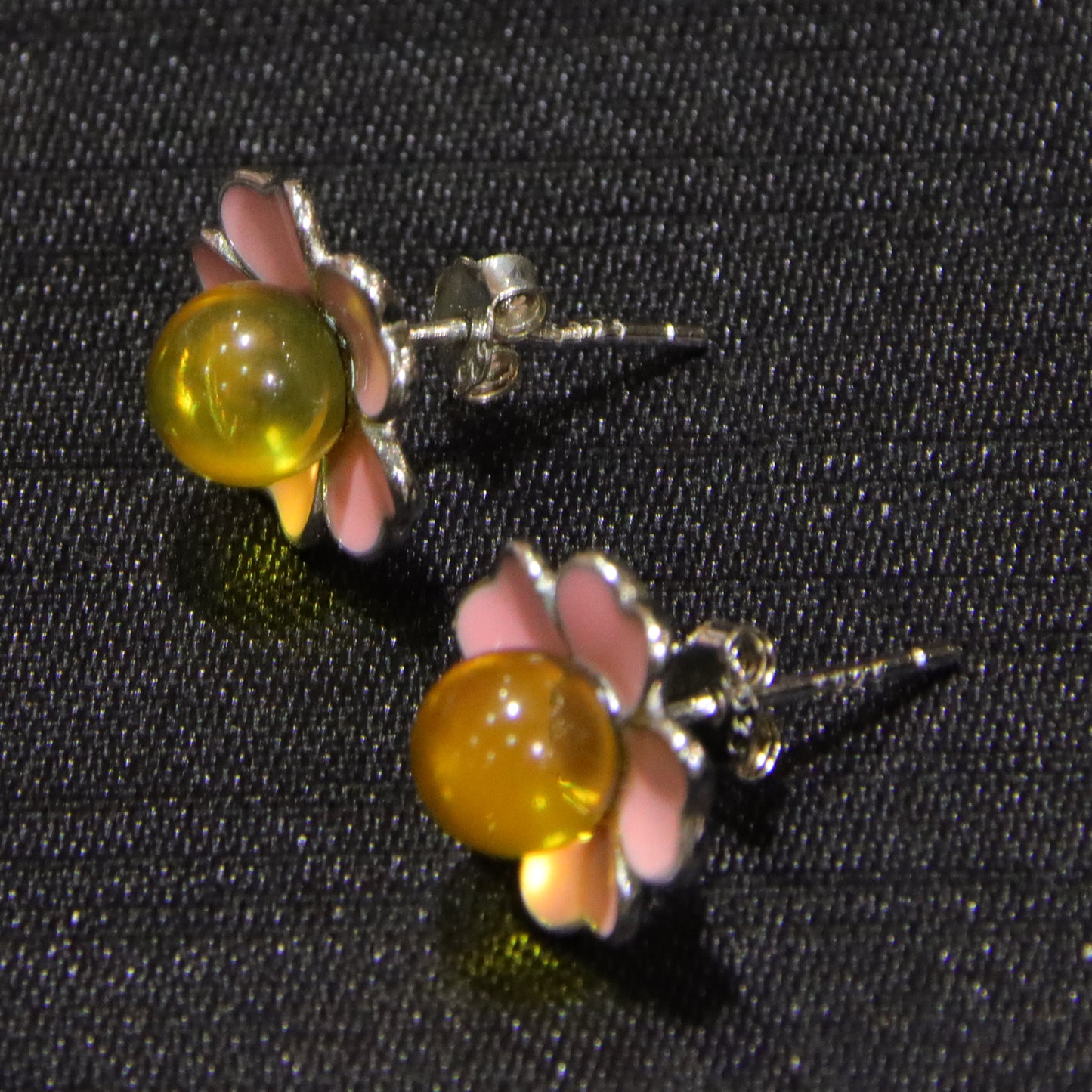 925 Sterling Silver Mexican Blue Amber Pink Floral Jewelry Set – Necklace, Earrings, Ring Trio