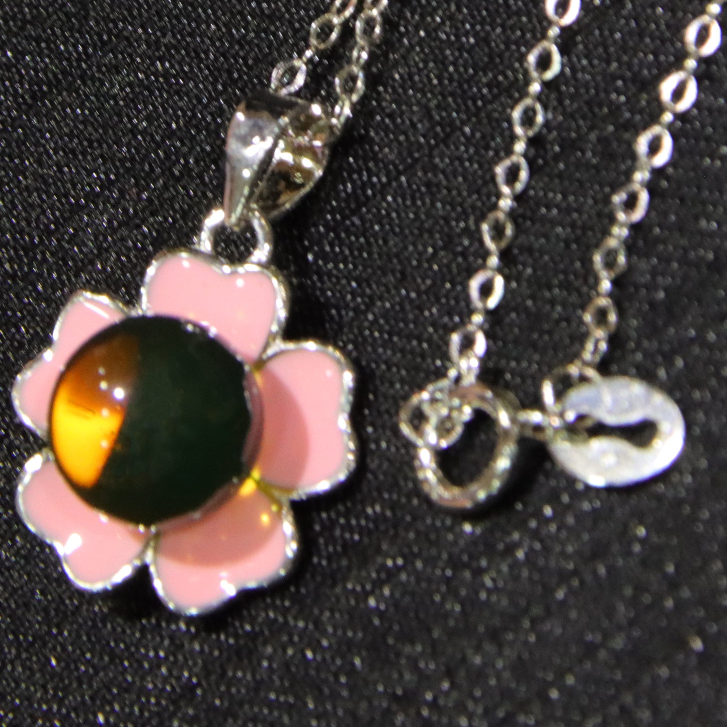 925 Sterling Silver Mexican Blue Amber Pink Floral Jewelry Set – Necklace, Earrings, Ring Trio