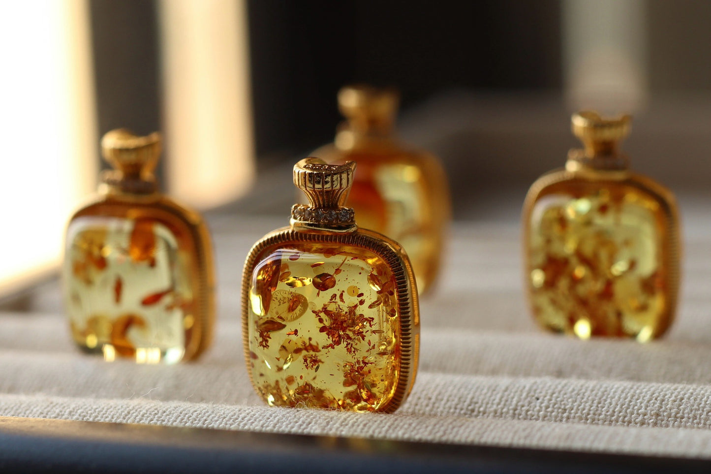 Natural Floral Amber Pendant Square Perfume Bottle Necklace, Handmade Jewelry Gift