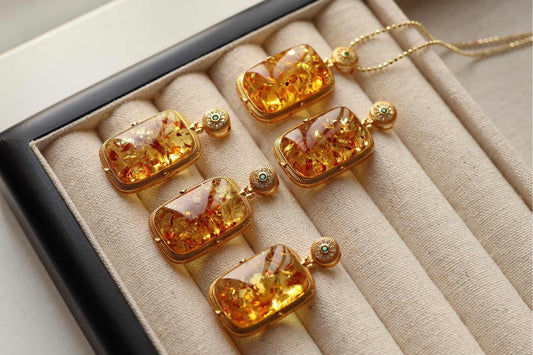 Natural Floral Amber Pendant Square Perfume Bottle Necklace, Handmade Jewelry Gift