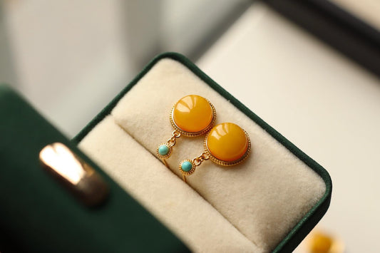 Natural Amber Resin Round Earrings | Handmade 15mm Gemstone Jewelry
