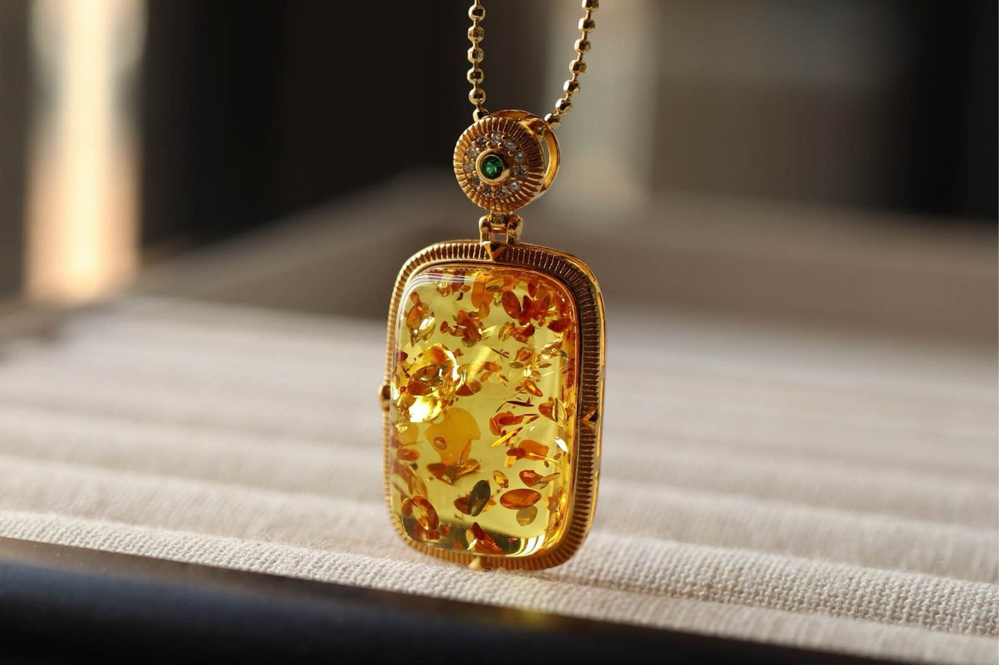 Natural Floral Amber Pendant Square Perfume Bottle Necklace, Handmade Jewelry Gift