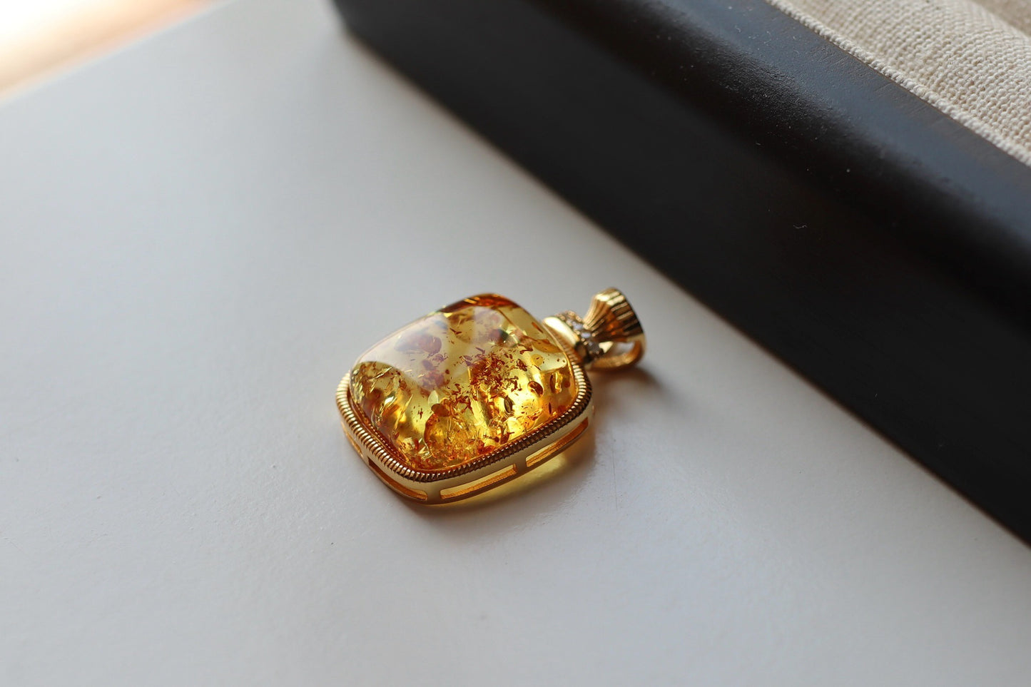 Natural Floral Amber Pendant Square Perfume Bottle Necklace, Handmade Jewelry Gift
