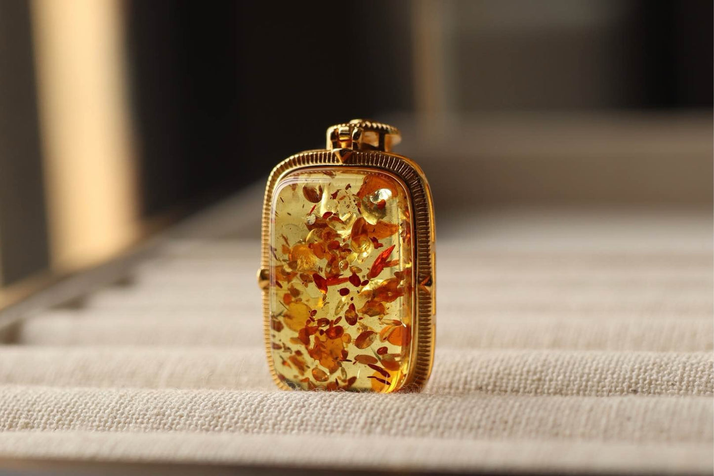 Natural Floral Amber Pendant Square Perfume Bottle Necklace, Handmade Jewelry Gift