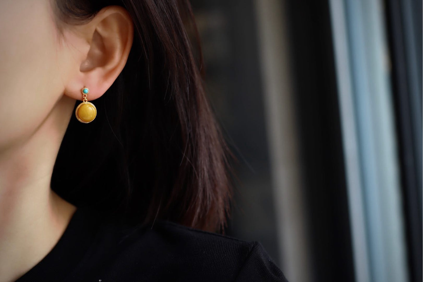 Natural Amber Resin Round Earrings | Handmade 15mm Gemstone Jewelry