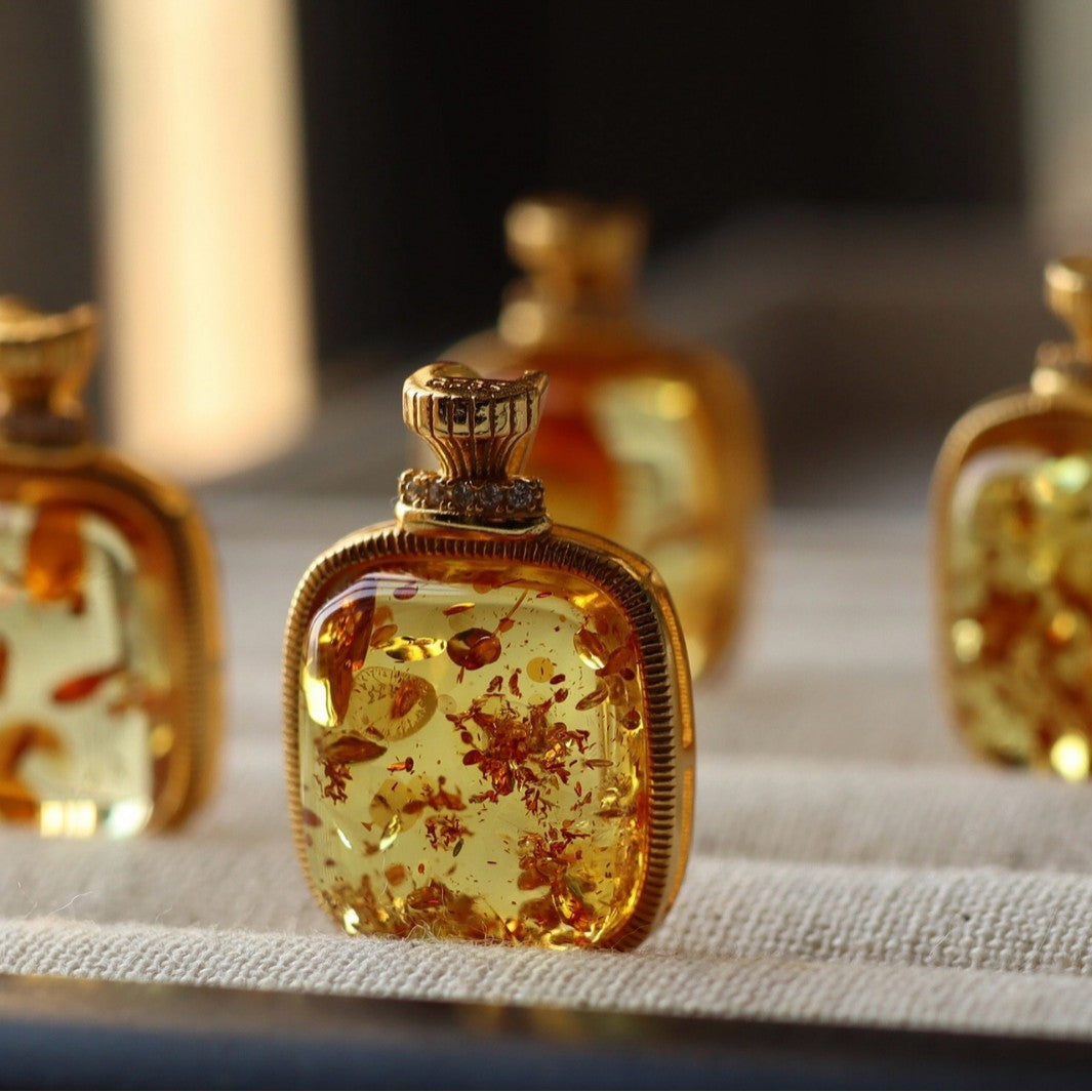 Natural Floral Amber Pendant Square Perfume Bottle Necklace, Handmade Jewelry Gift