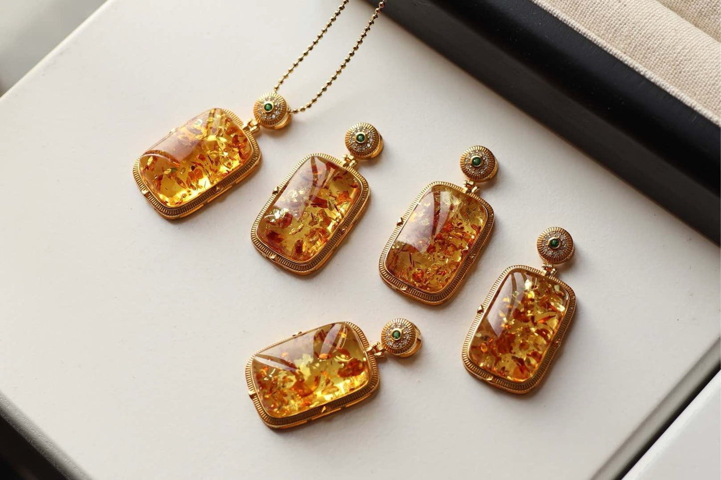 Natural Floral Amber Pendant Square Perfume Bottle Necklace, Handmade Jewelry Gift