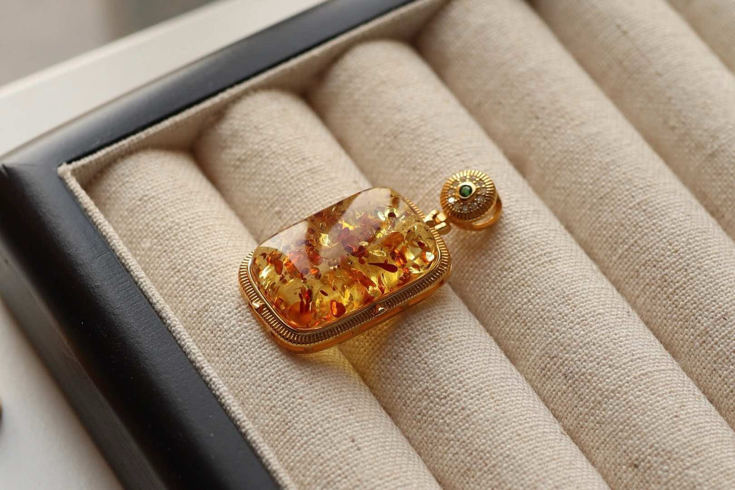 Natural Floral Amber Pendant Square Perfume Bottle Necklace, Handmade Jewelry Gift