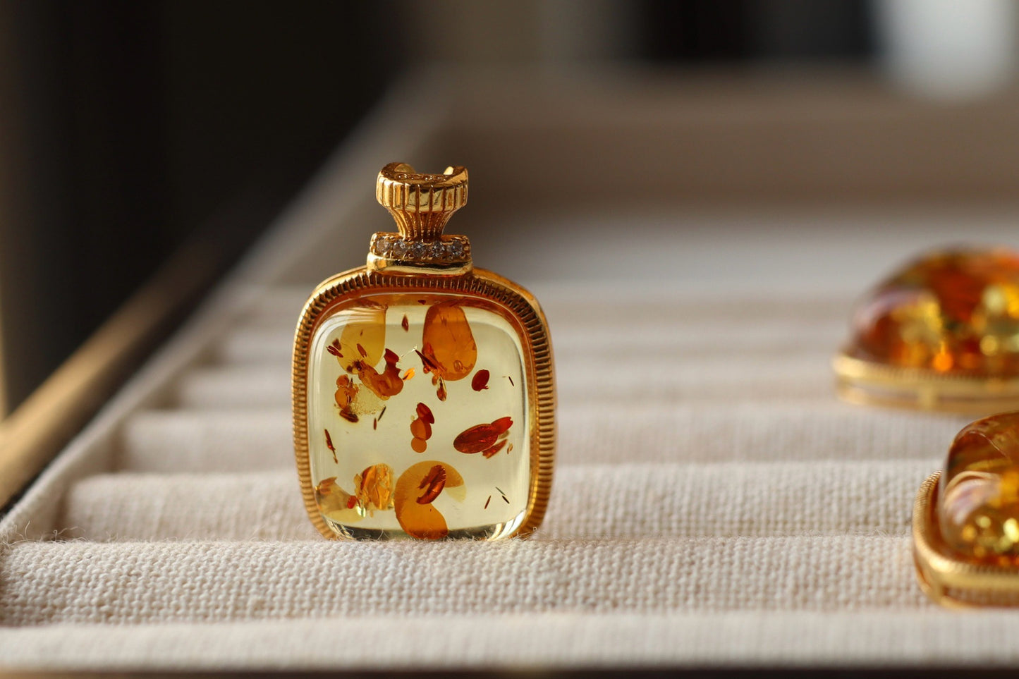 Natural Floral Amber Pendant Square Perfume Bottle Necklace, Handmade Jewelry Gift